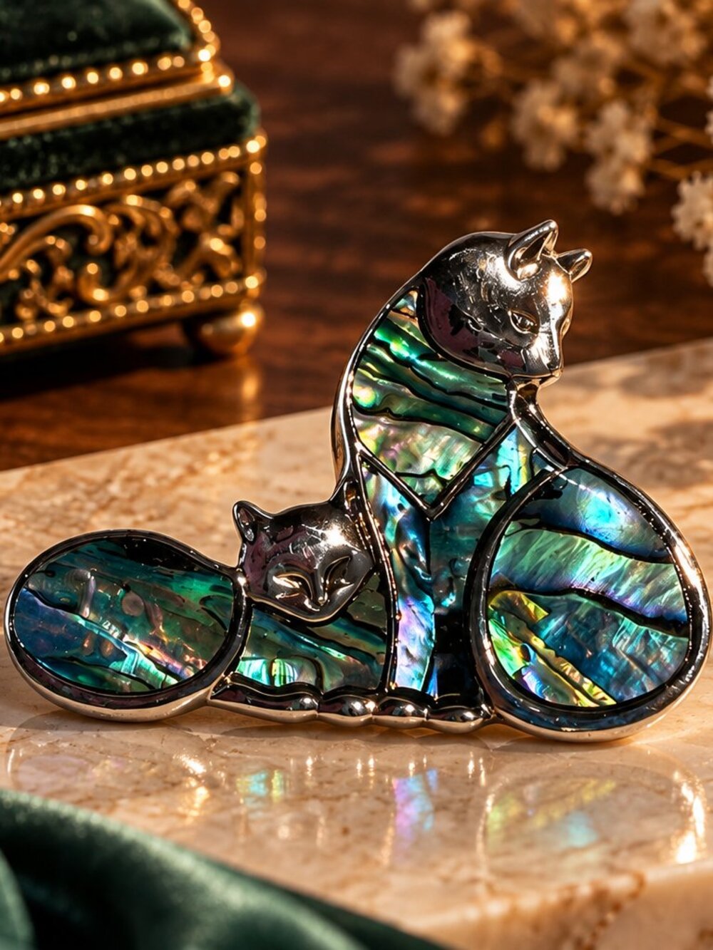 Abalone Shell Mother & Kitten Cat Brooch – Silver Tone